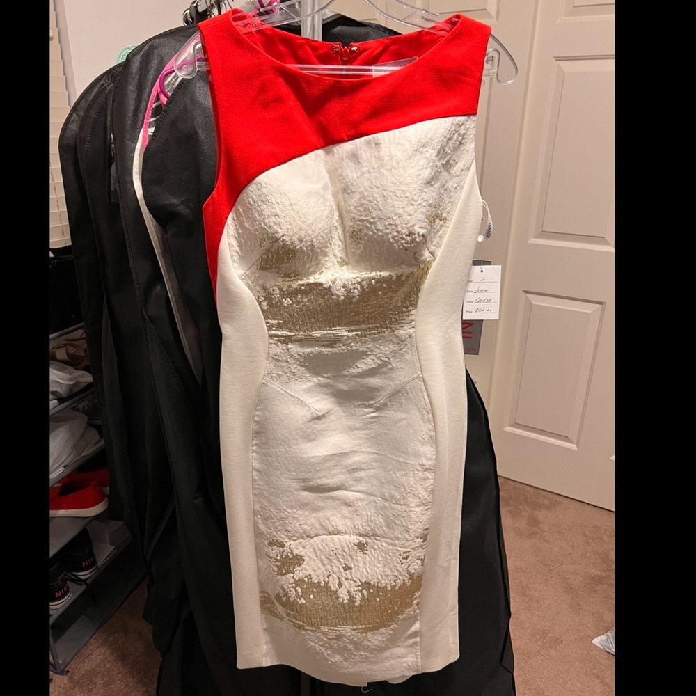 Red, white & gold Jovani sheath dress. Brand new.